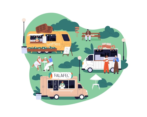 Camiones de comida callejera en el parque de verano personas disfrutando de la recreación descansando al aire libre cafés móviles furgonetas con bebidas comiendo en el tiempo del festival Ilustración vectorial plana aislada sobre fondo blanco