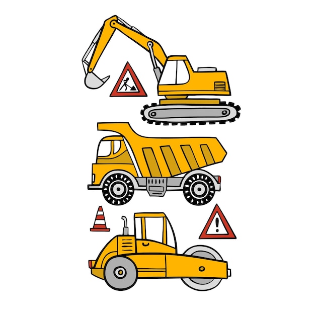 Camiones de construcción vectoriales dibujados a mano aislados sobre un fondo blanco