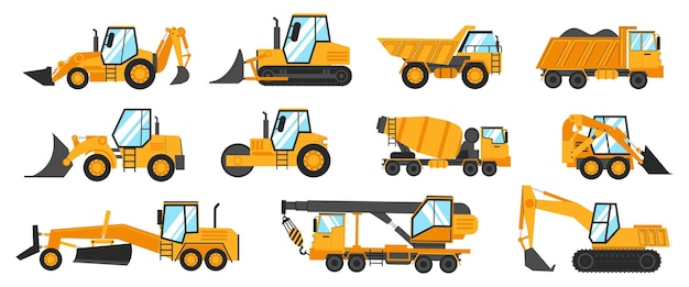 Camiones de construcción Vehículos industriales pesados para excavación minería elevación y transporte Transporte de edificios Grúa excavadora y motoniveladora Camión de trabajo amarillo Conjunto de maquinaria vectorial