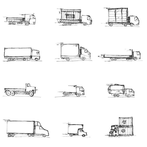 Vector camiones dibujados en un estilo de boceto descuidado