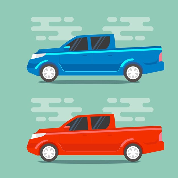 Camiones de vehículos utilitarios rojos y azules en ilustración de estilo de color plano