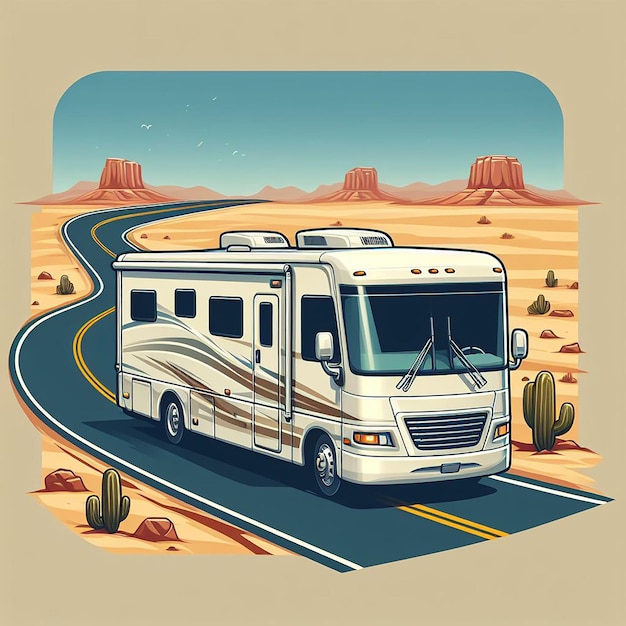 Vector una camioneta blanca está conduciendo por una carretera en el diseño de ilustraciones del desierto