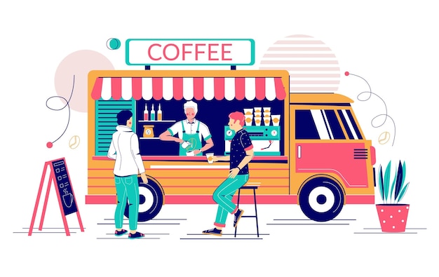 Camioneta de café con barista haciendo bebida energética caliente para joven ilustración plana vectorial furgoneta de comida de calle cafetería móvil café sobre ruedas concepto de autobús de comida para página web de banner, etc.