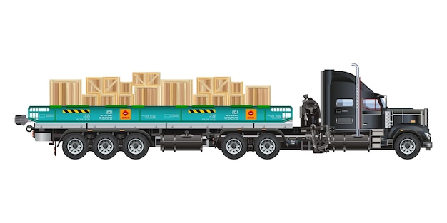 Camioneta de carga larga que transporta pilas de cajas de madera Ilustración vectorial realista