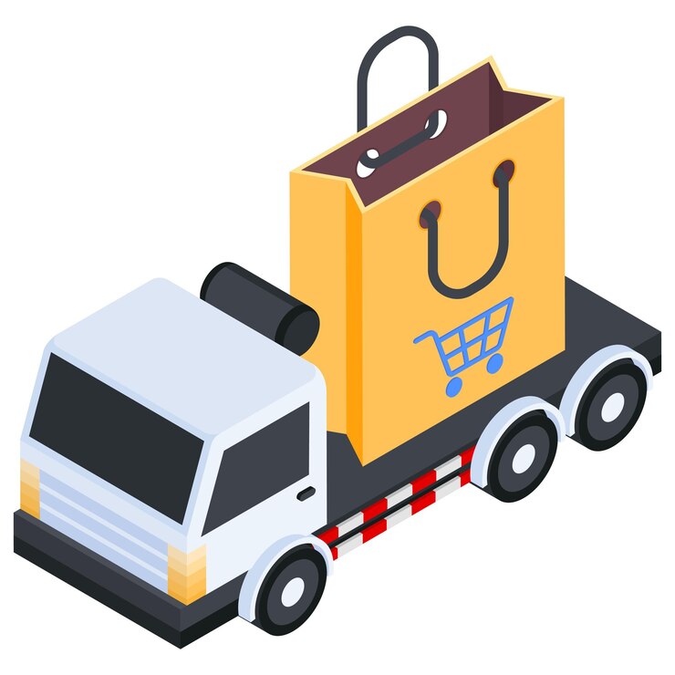 Vector camioneta de entrega de compras en línea con bolsa de compras