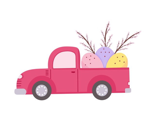 Vector camioneta con huevos de pascua ilustración dibujada a mano