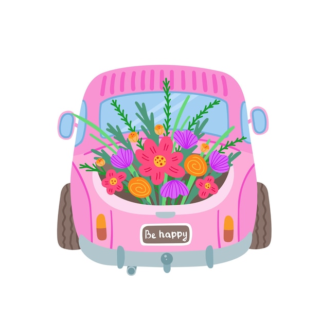 Vector camioneta rosa con flores coche de época ilustración dibujada a mano