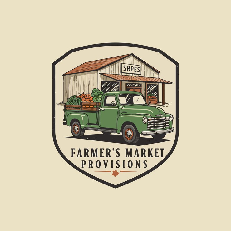 Vector una camioneta verde vintage llena de productos frescos está estacionada fuera de un edificio del mercado de agricultores