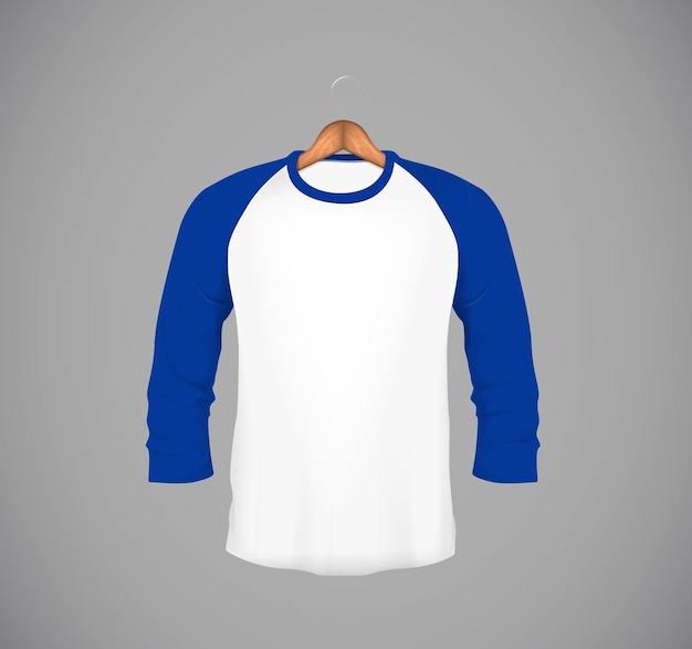 Vector camisa de béisbol ajustada de manga larga para hombre con percha de madera plantilla de diseño de maqueta azul para marca