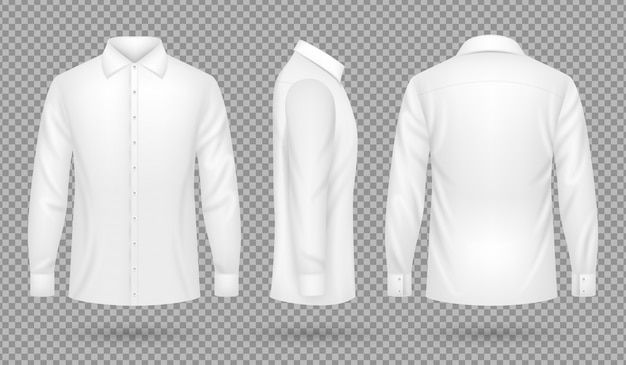 Camisa blanca en blanco para hombre con mangas largas en las vistas frontal, lateral y posterior. plantilla de vector realista aislada