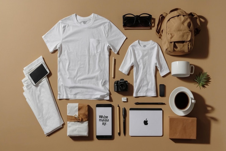 Vector una camisa blanca está puesta en una mesa con una bolsa y una bolsa