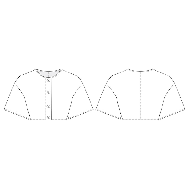 Camisa de manga corta ancha, cuello redondo, cuello de la tripulación, abotonado, blusa recortada, plantilla de dibujo técnico
