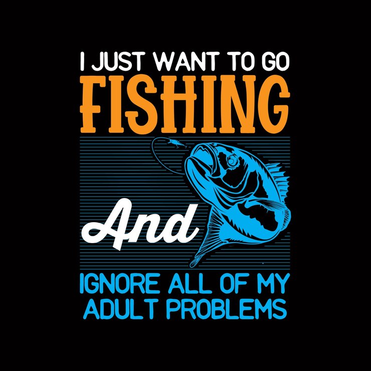 Vector una camisa negra con las palabras solo quiero ir a pescar e ignorar todos mis problemas de adulto.