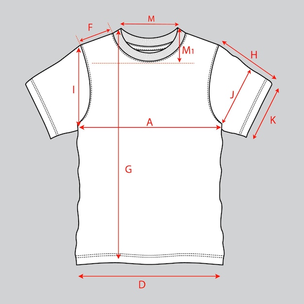 Vector camiseta básica dibujo técnico dibujo plano con guía de medidas detalle.