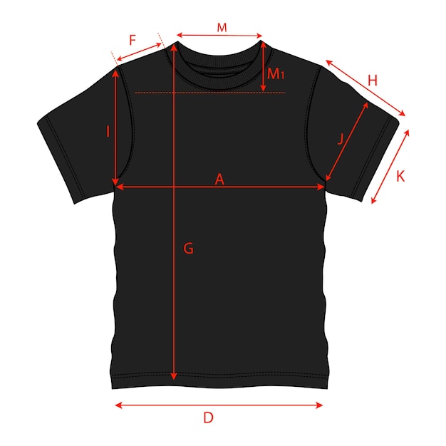 Vector camiseta básica dibujo técnico dibujo plano con guía de medidas detalle.