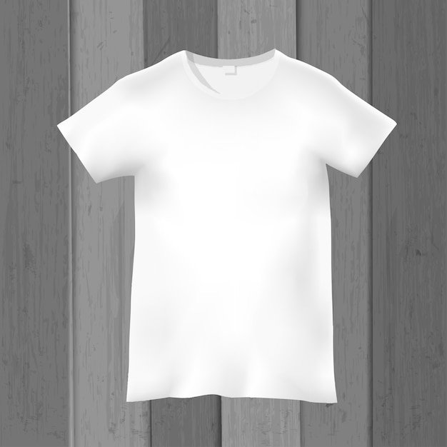 Vector camiseta blanca en blanco sobre madera gris.