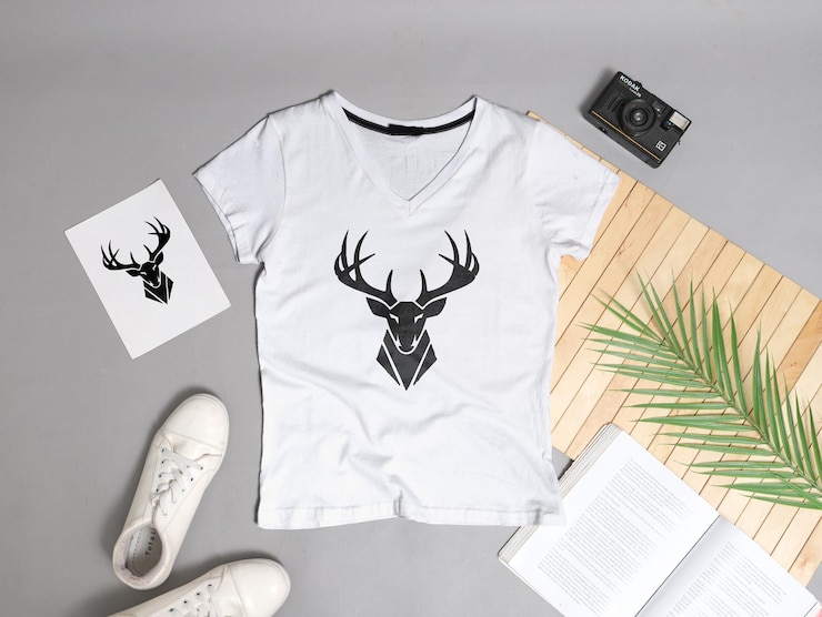 Vector una camiseta blanca con un ciervo en el frente está en una mesa