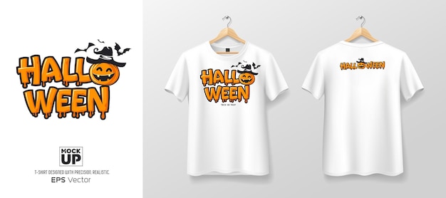 Camiseta blanca delante y detrás colecciones de maquetas texto de halloween diseño de color naranja