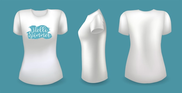 Camiseta blanca femenina con etiqueta, parte delantera trasera y vista lateral, hola vector de insignia de verano