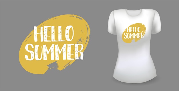 Camiseta blanca femenina realista con etiqueta hola verano insignia vector