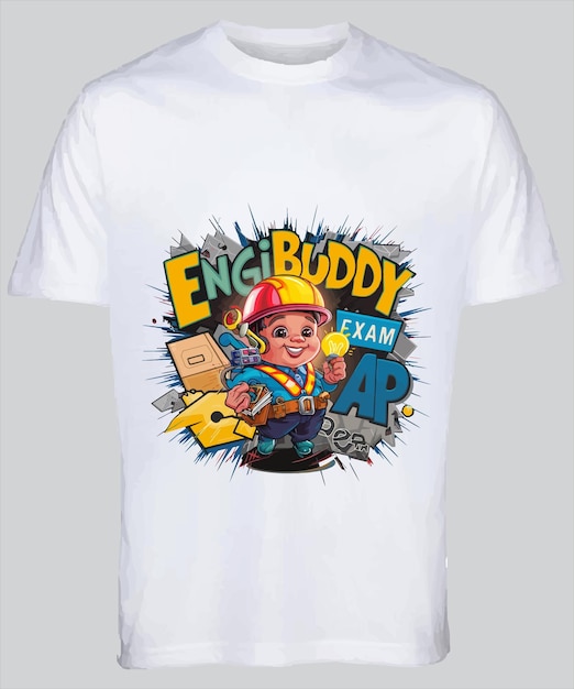 una camiseta blanca con una imagen de dibujos animados de un niño con un bombero en ella