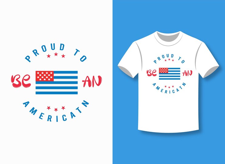una camiseta blanca con un logotipo rojo blanco y azul que dice orgulloso de ser estadounidense