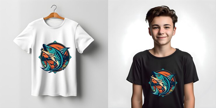 una camiseta blanca con un pez en la parte delantera y el niño lleva una camisetta blanca
