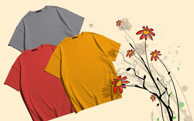 Camiseta en blanco de maqueta de 3 colores gris rojo amarillo con naturaleza floral y fondo vintage