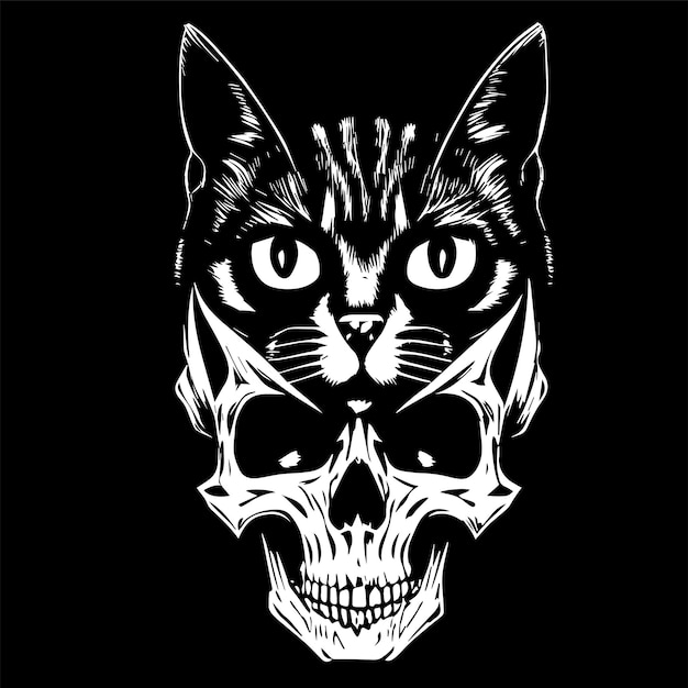 Vector camiseta de calavera de gato impresa en blanco y negro imagen vectorial dibujada a mano