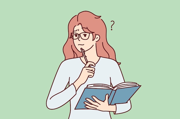 Una camiseta casual de una estudiante perpleja se para con un libro para prepararse para los exámenes Imagen vectorial
