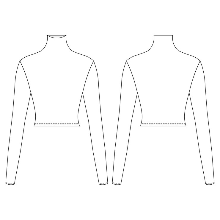 Vector camiseta de cuello alto, manga larga, blusa recortada, suéter superior, tricot, plantilla de dibujo técnico