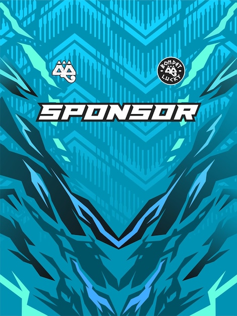 Camiseta deportiva azul con patrón geométrico y logotipo del patrocinador