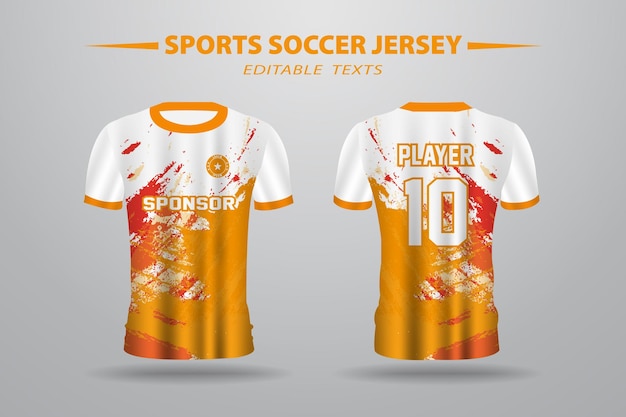 Una camiseta deportiva de fútbol en color naranja y blanco con la palabra jugador.