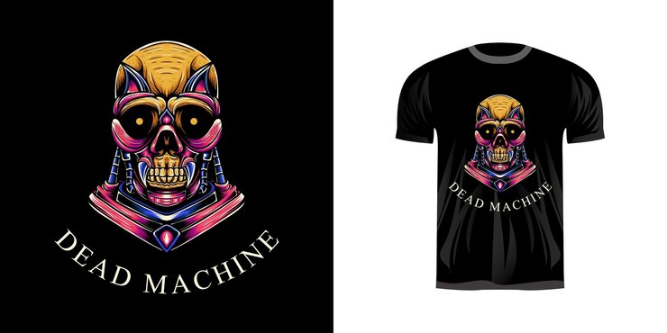Vector camiseta, diseño, ilustración, cráneo, máquina