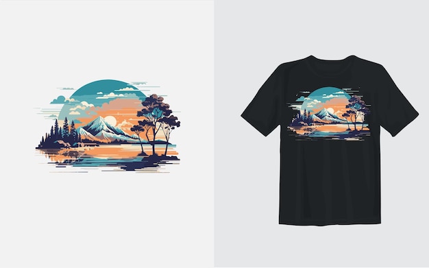 Vector camiseta diseño vintage en diseño de fondo de árbol de montaña cielo