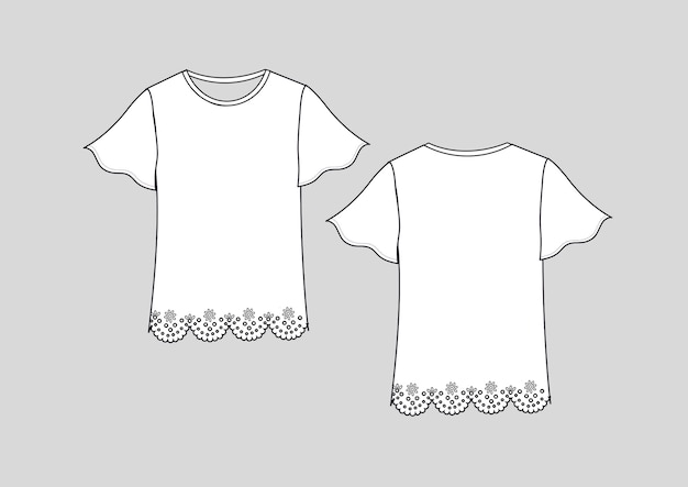 Camiseta de dobladillo de encaje de moda aislada técnica dibujada