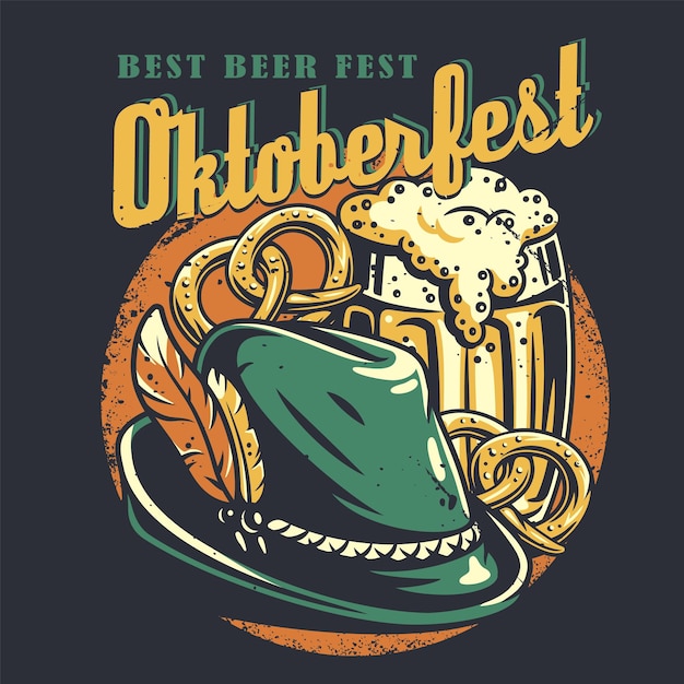 Camiseta con estampado de colores con pretzels de cerveza y sombrero bávaro con una pluma para el oktoberfest