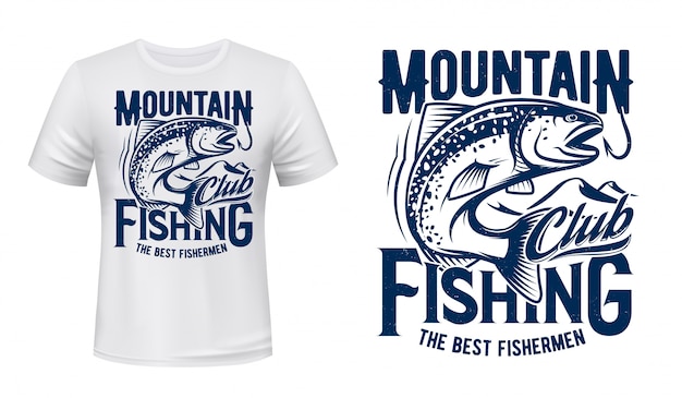 Vector camiseta con estampado de pez salmón o trucha, club de pesca