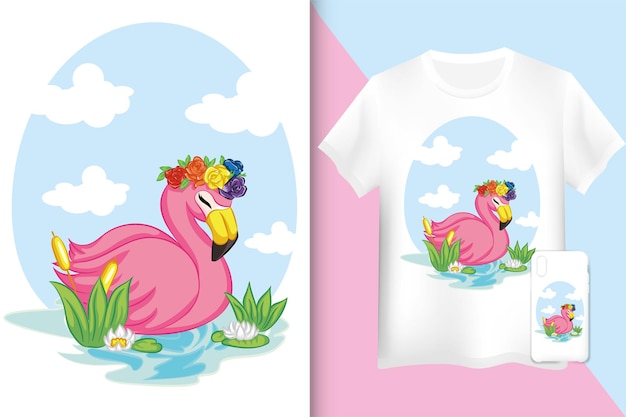 Vector camiseta y estuche flamingo. flamenco nadando en el agua