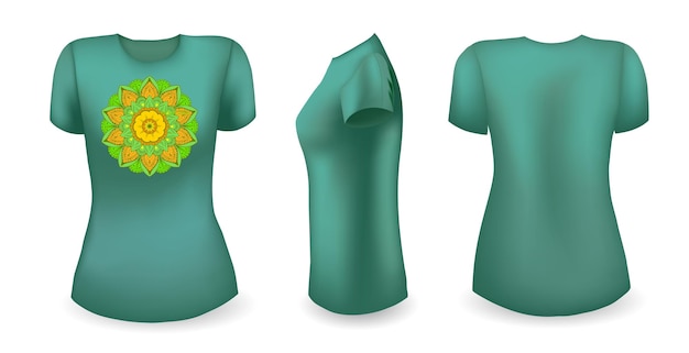 Camiseta femenina verde con mandala frente a la espalda y vista lateral