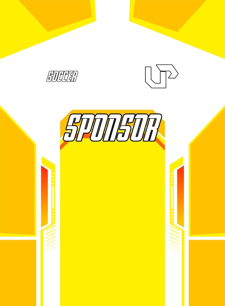 Camiseta de fútbol amarilla y blanca con patrocinador y logotipo