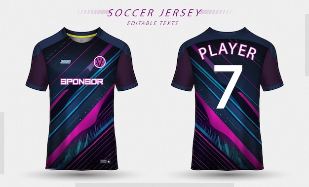 una camiseta de fútbol púrpura negra púrpura y azul con el número 7 en el frente