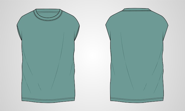Vector camiseta de gimnasia sin mangas de gran tamaño vector de dibujo plano vista frontal y posterior de la plantilla de color verde