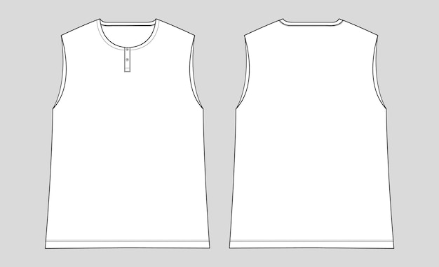 Camiseta Henley sin mangas dibujo técnico vista delantera y trasera