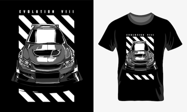 Una camiseta con una ilustración de lancer evo y marca y modelo en ella