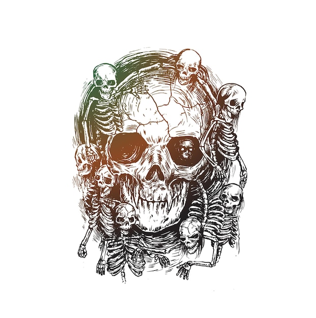 Camiseta imprimir gráfico detallado realista fresco blanco y negro cráneos humanos ilustración vectorial