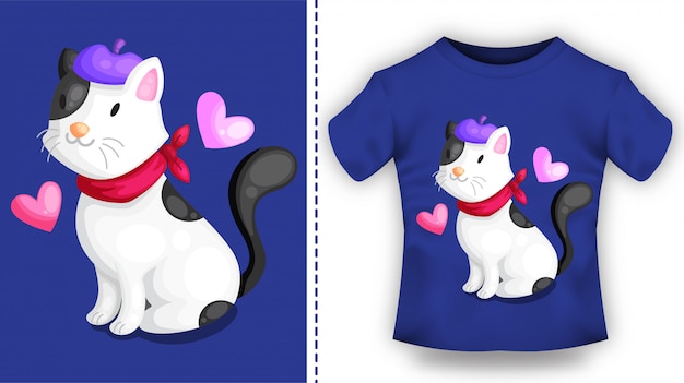 Vector camiseta con lindo gato con bufanda y boina