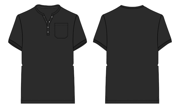 Camiseta de manga corta con plantilla de color negro de vector de dibujo plano de moda técnica de bolsillo