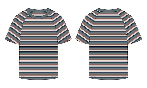 Vector camiseta de manga corta raglán con vista frontal y posterior de la plantilla de ilustración de vector de rayas horizontales