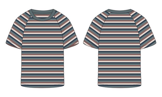 Camiseta de manga corta raglán con vista frontal y posterior de la plantilla de ilustración de vector de rayas horizontales